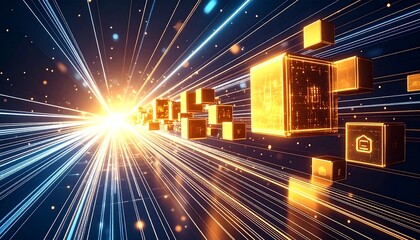 Glowing cubes stream through digital space, leaving behind radiant light trails that symbolize data transfer, connectivity, and technological flow.