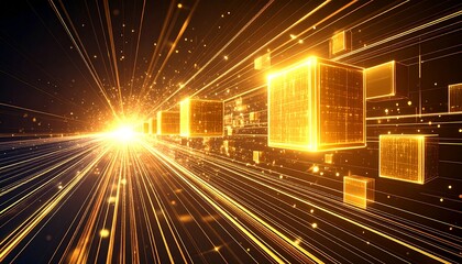 Glowing cubes stream through digital space, leaving behind radiant light trails that symbolize data transfer, connectivity, and technological flow.