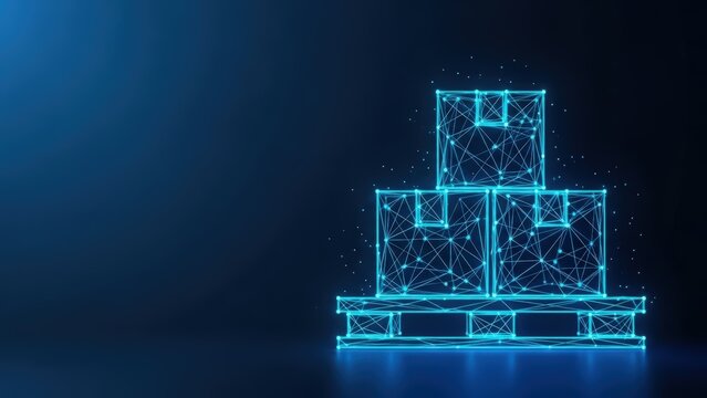 Digital geometric boxes stacked on a pallet representing futuristic logistics and delivery systems with glowing blue network connections and data points on a dark background