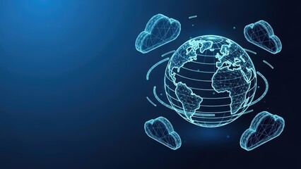 Digital globe with clouds representing global network and cloud computing technology concept