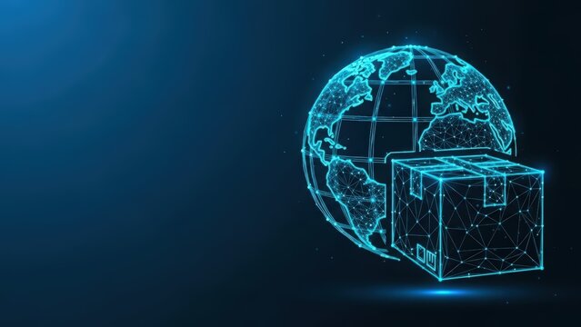 Digital globe and shipping box represent global logistics and international delivery services with interconnected network technology - Powered by Adobe