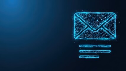 Digital glowing envelope icon symbolizing electronic communication and messaging on a dark blue futuristic network background