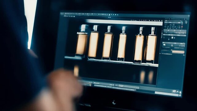 Medium shot of a retoucher adjusting color balance on a highresolution screen to enhance product vibrancy and visual appeal for commercial use.