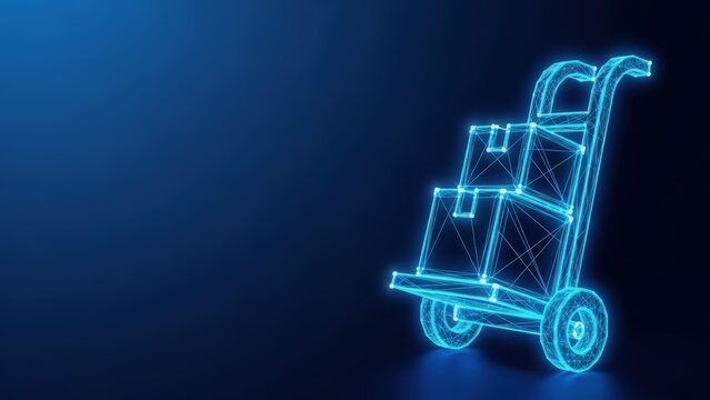 Digital glowing blue wireframe delivery cart with stacked boxes on a dark futuristic background representing logistics and technology
