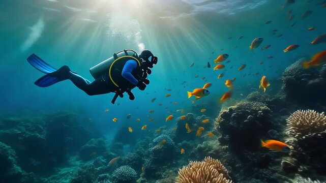 Diver explores vibrant coral reef teeming with fish