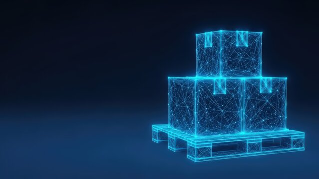Digital glowing wireframe boxes stacked on a pallet representing futuristic logistics and supply chain management technology with a blue illuminated network design