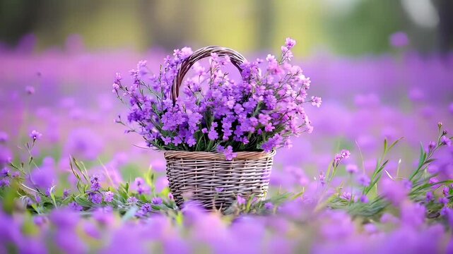 Spring booming. Life. New hope. Season. A closeup of a basket filled with purple flowers. The flowers are vibrant and appear to be in full bloom.