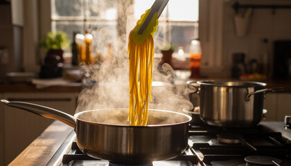 Tongs lifting golden strands of steaming pasta from a boiling pot on a stovetop, bathed in warm natural light filtering into a cozy kitchen scene