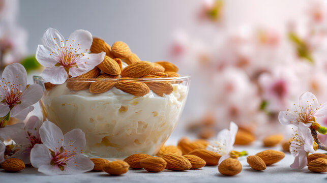 Creamy rice pudding dessert garnished with almonds surrounded by delicate white and pink spring blossoms on a soft blurred background