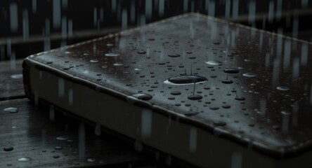 Rain-soaked journal on dark wood