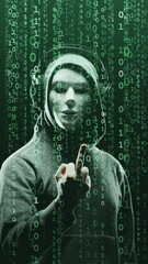 Anonymous computer hacker over abstract digital background. Obscured dark face in mask and hood....