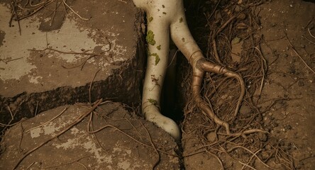 Roots emerging from cracked earth between stones