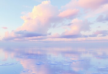 Pastel clouds reflecting on a still water surface