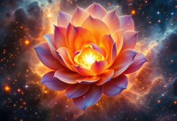 Radiant lotus flower bursts with cosmic energy