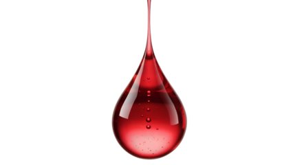 Vibrant red liquid droplet falling against black background