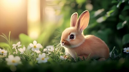 Easter. Spring. Holiday theme. A closeup of a rabbit in a lush green environment. The rabbit is depicted in a side profile, with its ears perked up, and its eyes focused intently forward.
