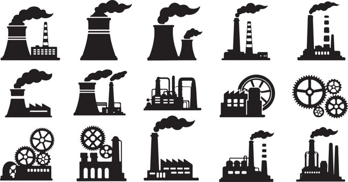 Collection of industrial factory building silhouettes with smoke stacks and gears vector illustration