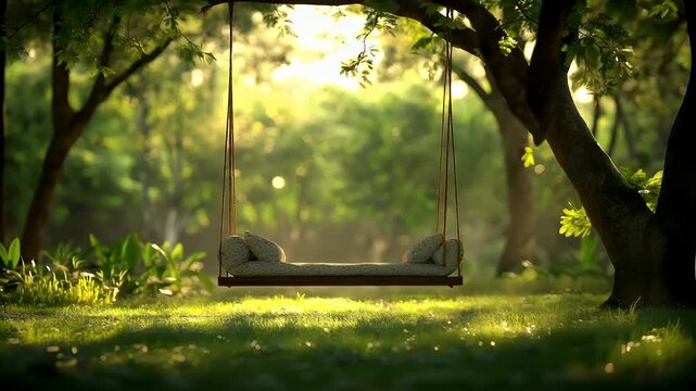 Spring booming. Life. New hope. Season. A tranquil outdoor scene featuring a hanging swing set amidst a lush green forest. The swing is adorned with a patterned cushion.