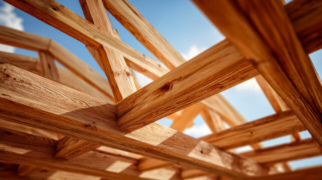Structural view of wooden beams forming roof framework under clear blue sky with sunlight highlighting the natural grain and texture of the timber construction