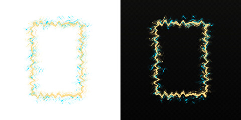 Abstract electric neon frame set with gold and blue wavy glitch effect on white and transparent background