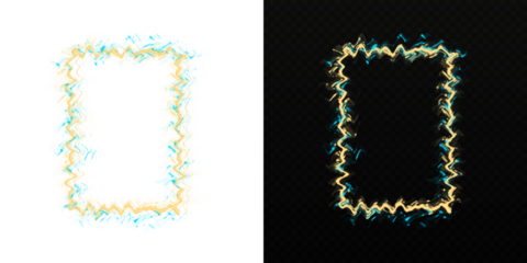 Abstract electric neon frame set with gold and blue wavy glitch effect on white and transparent background