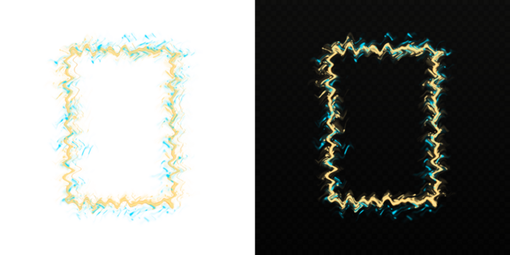 Abstract electric neon frame set with gold and blue wavy glitch effect on white and transparent background - Powered by Adobe