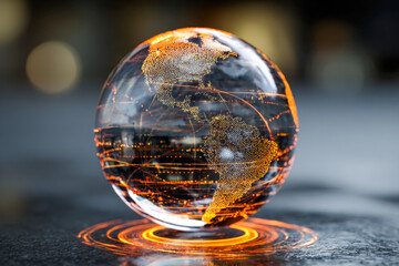 Futuristic glowing digital globe with illuminated network connections highlighting North and South America in a sleek technology concept background