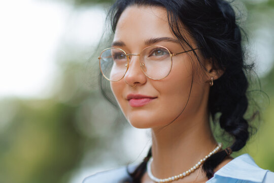 Clear Vision Portrait Of Trendy Woman In Round Glasses Outdoor Style