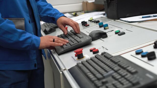 Close-up of skill technician's hands operating CNC machine at manufacturing factory. Operator in production shop during high-tech workflow. Setting up and programming production equipment and machine.