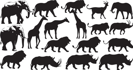 Silhouette collection of African safari animals including elephants lions giraffes and rhinos wildlife © MdAbu