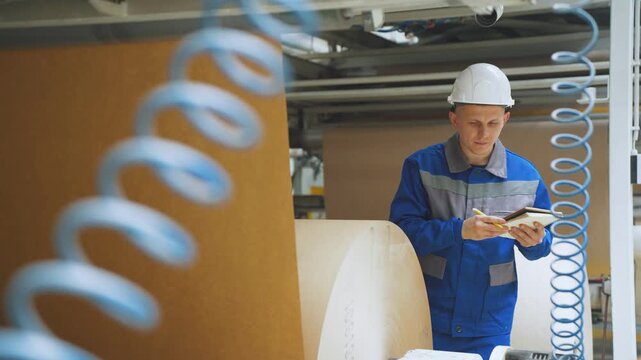Processing industry. Engineer at factory checks technical parameters and marks note in notebook. Portrait of factory engineer in white hard hat during quality control process for equipment assembly.