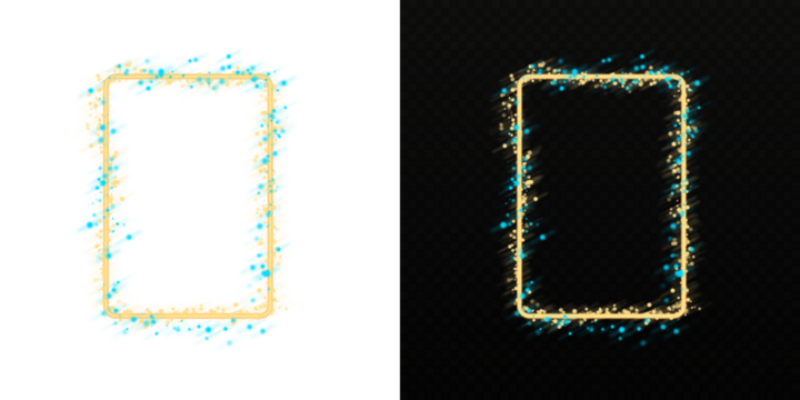Glowing golden rectangular frame with blue neon particles and magical light effects. On a transparent background - Powered by Adobe
