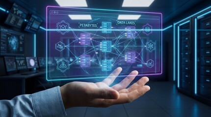 Futuristic digital database infrastructure with data lakes, petabytes, and interconnected servers in secure data center, showcasing advanced technology and innovation