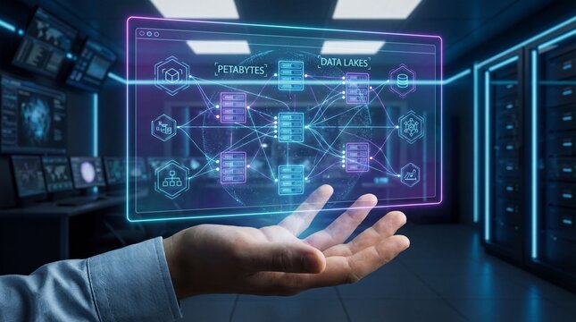 Futuristic digital database infrastructure with data lakes, petabytes, and interconnected servers in secure data center, showcasing advanced technology and innovation - Powered by Adobe