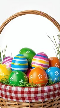 Easter Eggs in Basket with Red Gingham Liner and Green Grass