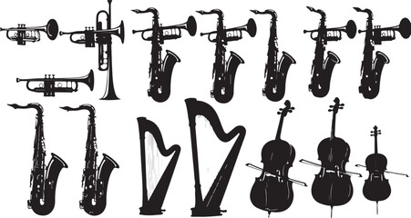 Silhouettes of Brass and String Instruments and Harps on a White Background music trumpet © MdAbu