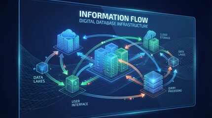 Information flow digital database infrastructure data lakes cloud storage user interface query processing arrows glowing blue futuristic technology network diagram