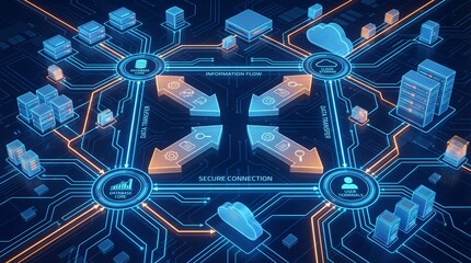 Digital database infrastructure secure connection data transfer information flow cloud storage user terminal server futuristic glowing network technology cityscape