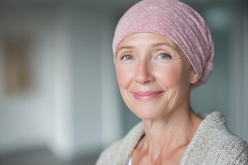 Inspiring cancer survivor woman wearing soft pink headwear, expressing hope and inner strength during recovery, created to support healthcare empowerment messaging and cancer awareness campaigns.