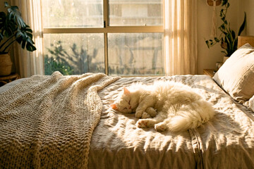 Cozy Catnap in the Sunlight: A fluffy cat basks peacefully in the warm morning sunlight on a comfortable bed, creating a serene and inviting atmosphere.
