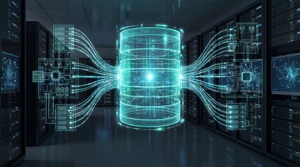 Futuristic digital database infrastructure with glowing holographic data storage, network connections, and server racks in modern data center, representing advanced technology
