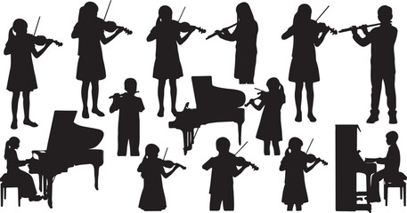 Silhouettes of musicians playing violins and pianos vector illustration © MdAbu