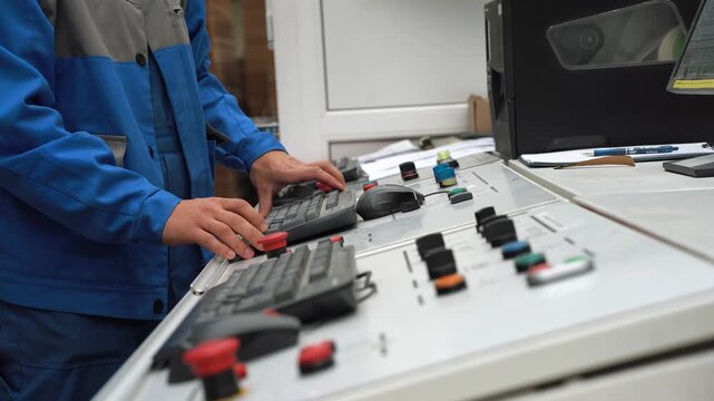 Programming automated processes in production. Close-up of technician's hands operating CNC machine at manufacturing factory. Operator during high-tech workflow. Programming production machine.