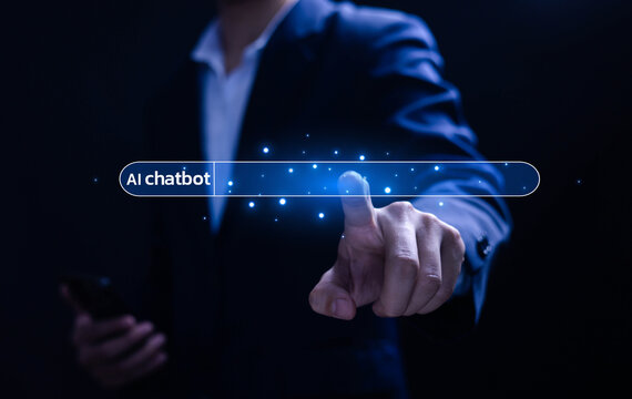 Businessman using futuristic AI chatbot interface, touching virtual search bar with glowing digital particles, representing artificial intelligence, automation, customer modern business - Powered by Adobe