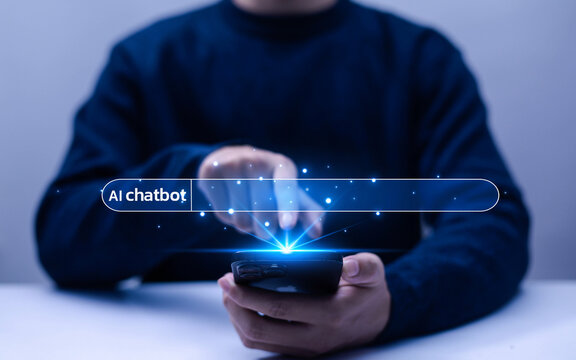 Businessman using futuristic AI chatbot interface, touching virtual search bar with glowing digital particles, representing artificial intelligence, automation, customer  modern business  - Powered by Adobe