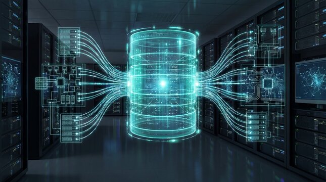 Futuristic digital database infrastructure with glowing holographic data storage, network connections, and server racks in modern data center, representing advanced technology - Powered by Adobe
