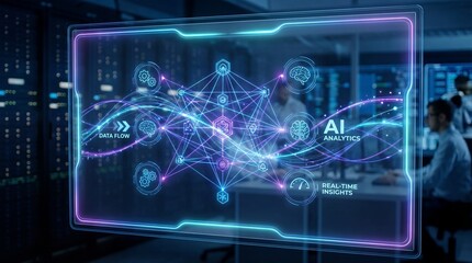 Futuristic digital database infrastructure with artificial intelligence analytics, real time insights, data flow, and network connections in modern server room environment