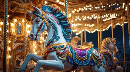 Colorful carousel horse with ornate gold, purple, and teal decorations on illuminated ride during nighttime
