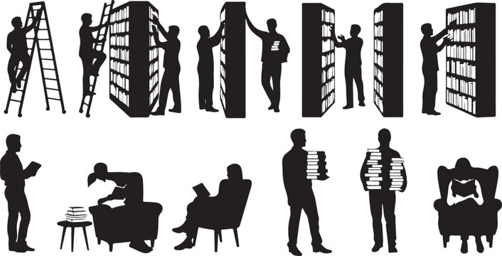 Silhouettes of People Interacting with Bookshelves and Reading in a Library Setting vector illustration