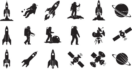Space exploration icons with rockets astronauts planets and satellites spaceship © MdAbu